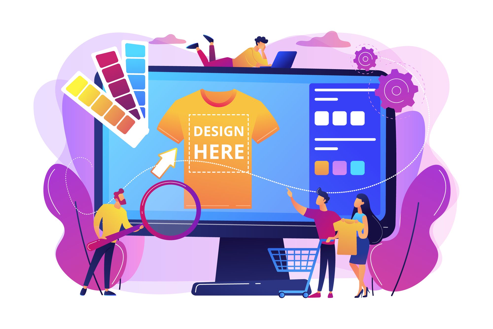 Print-on-demand store mockup with t-shirts and mugs